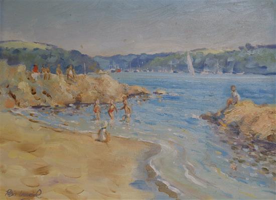 Robin Leonard, oil on canvas, beach scene, signed, 30 x 40cm